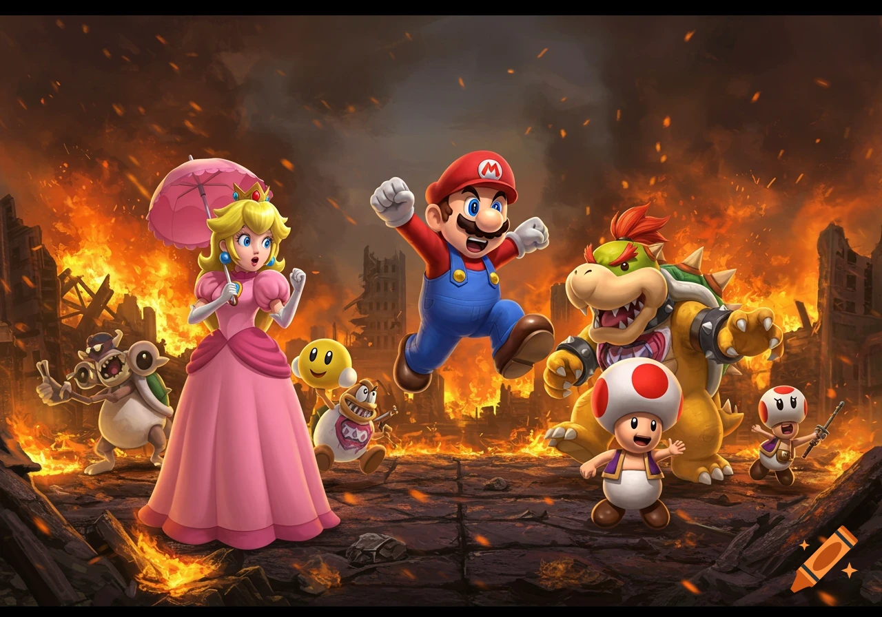 Mario, Princess Peach, Bowser, and Toad in a dynamic pose against a backdrop of a burning, ruined city. Mario leaps forward, Peach holds an umbrella, and Bowser looks menacing, all in a vibrant, cartoonish style.