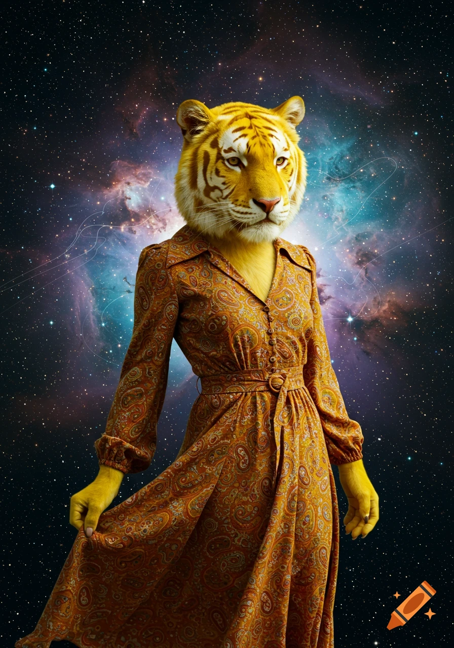A tiger-headed person in a flowing, orange paisley 1970s-style dress stands against a vibrant cosmic background.