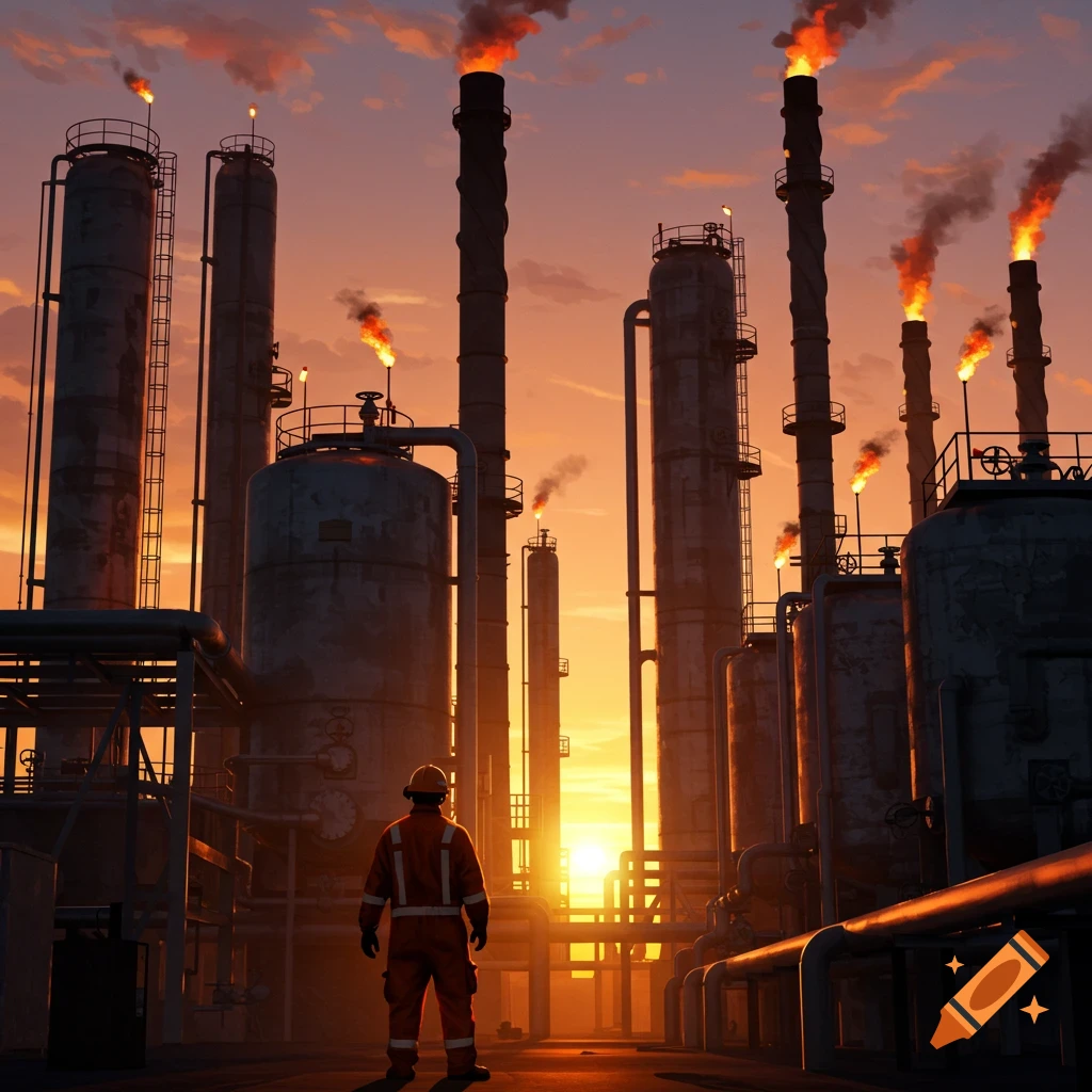 Worker in orange jumpsuit stands in an oil refinery at sunset, with industrial pipes and flaring chimneys against an orange sky.