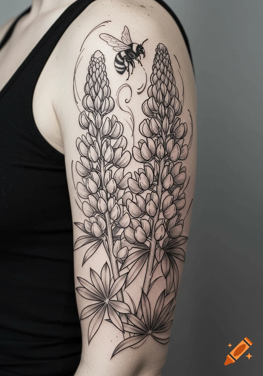 Black and white linework tattoo on an upper arm featuring two lupine flowers and a bumblebee.