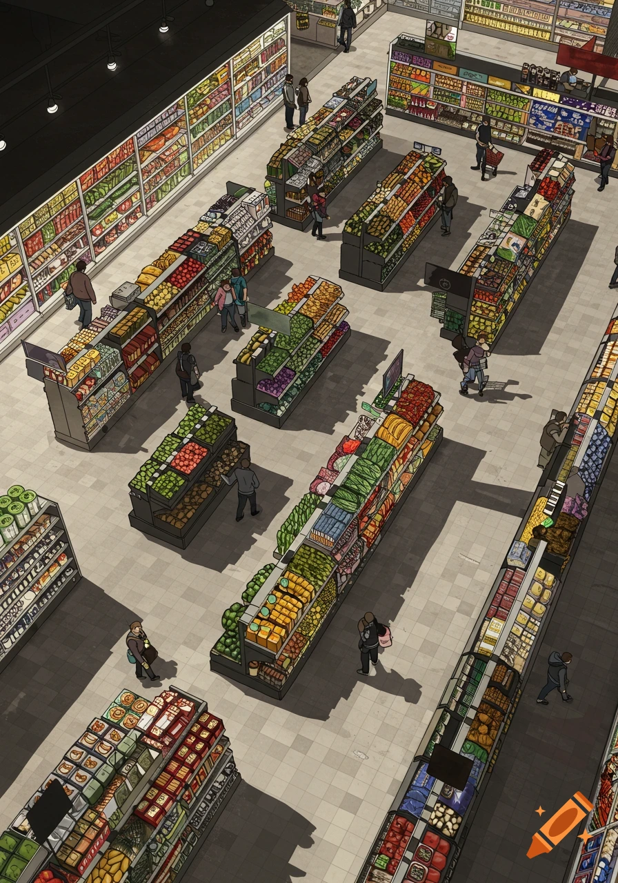 An isometric, stylized top-down view of multiple grocery store aisles filled with products and a few shoppers browsing.