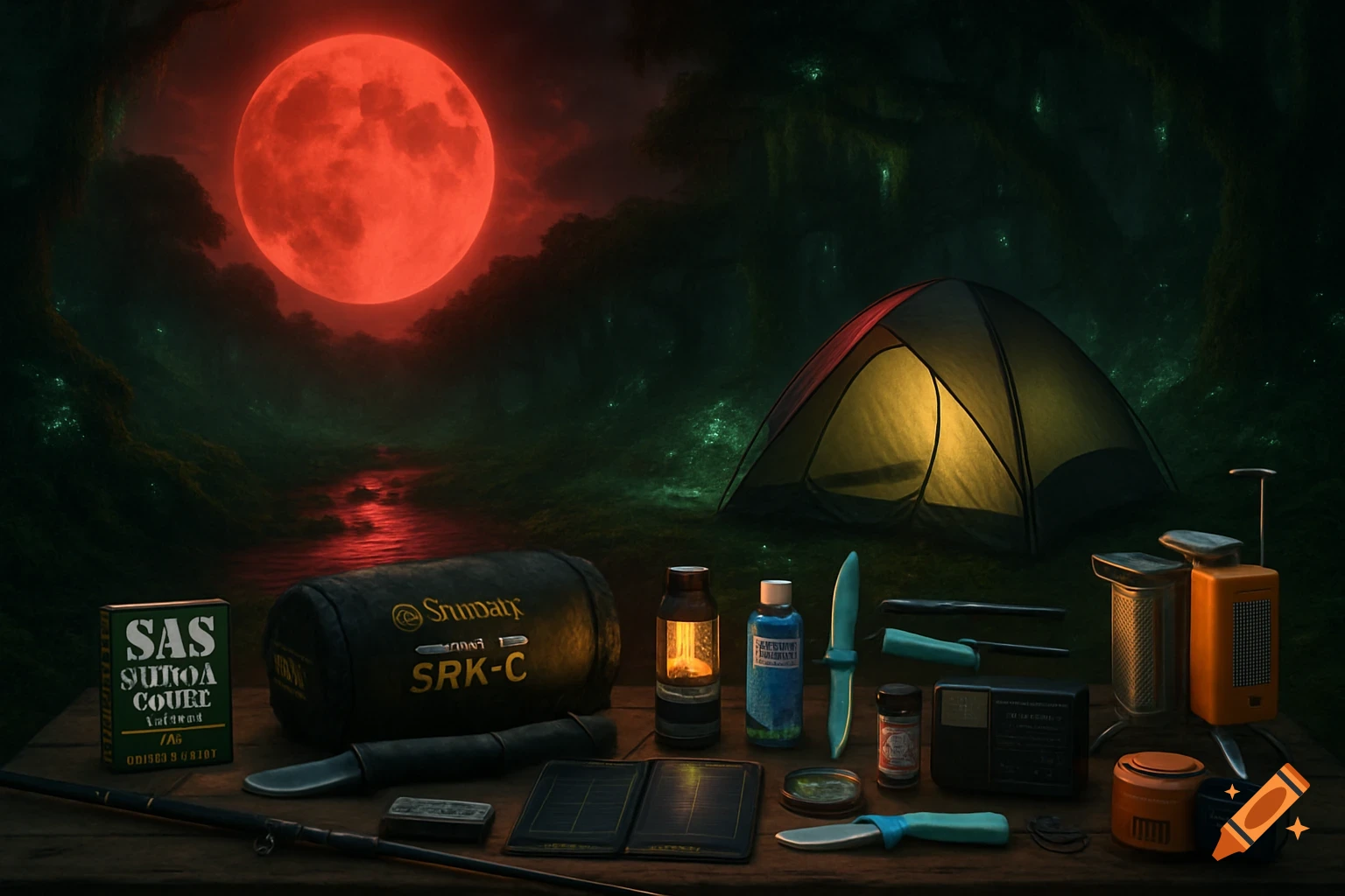 A camping scene at night with a large red moon over a dark forest and a lighted tent. In the foreground, various survival and camping gear like a flashlight, knives, and solar panels are laid out on a table.