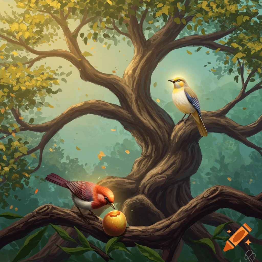 Digital painting of two magical birds on a gnarled tree. A red bird pecks at a glowing fruit, while a pale bird watches serenely above.