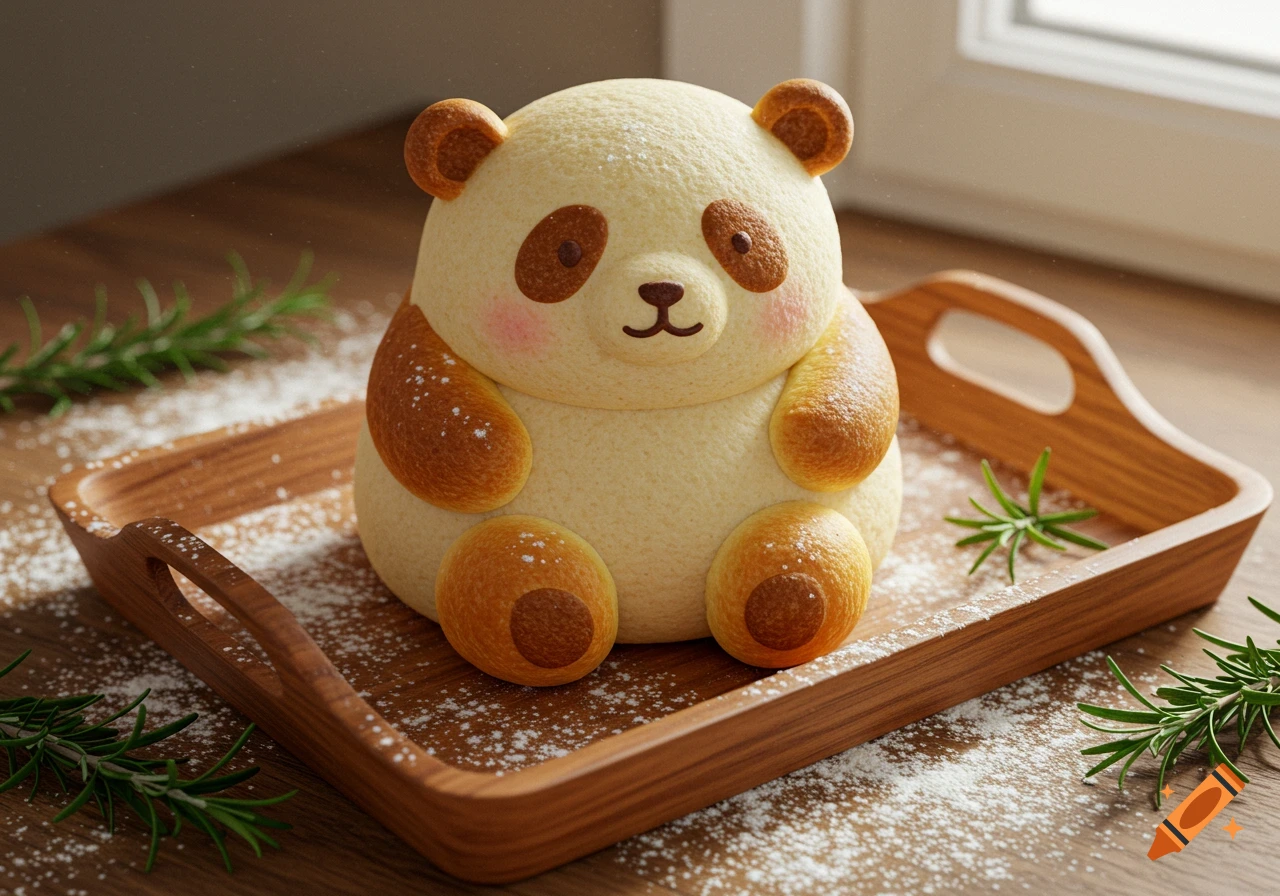 A cute, stylized panda-shaped bread sits on a wooden baking tray with flour and rosemary sprigs under natural light.