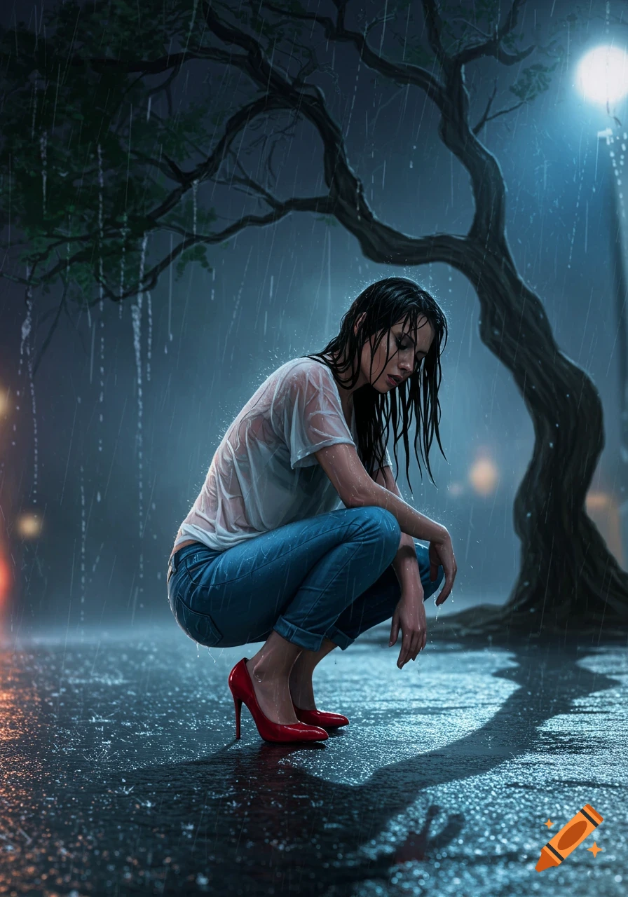 Photorealistic digital art of a woman in wet clothes and red heels squatting in the rain at night under a tree.