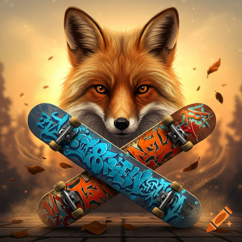 A majestic fox head behind two crossed skateboards with colorful graffiti art and falling autumn leaves.