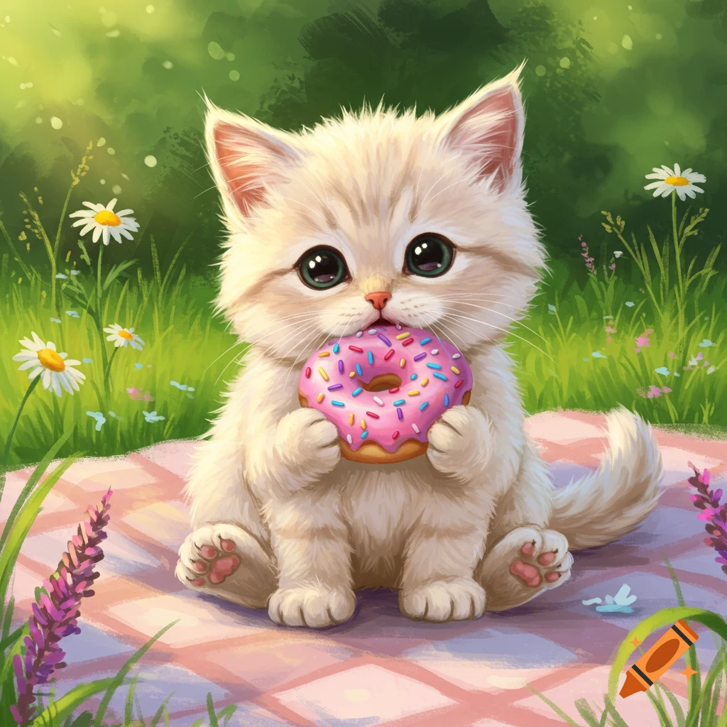 A cute, fluffy white kitten sits on a plaid picnic blanket, holding a pink donut with sprinkles in a grassy field.