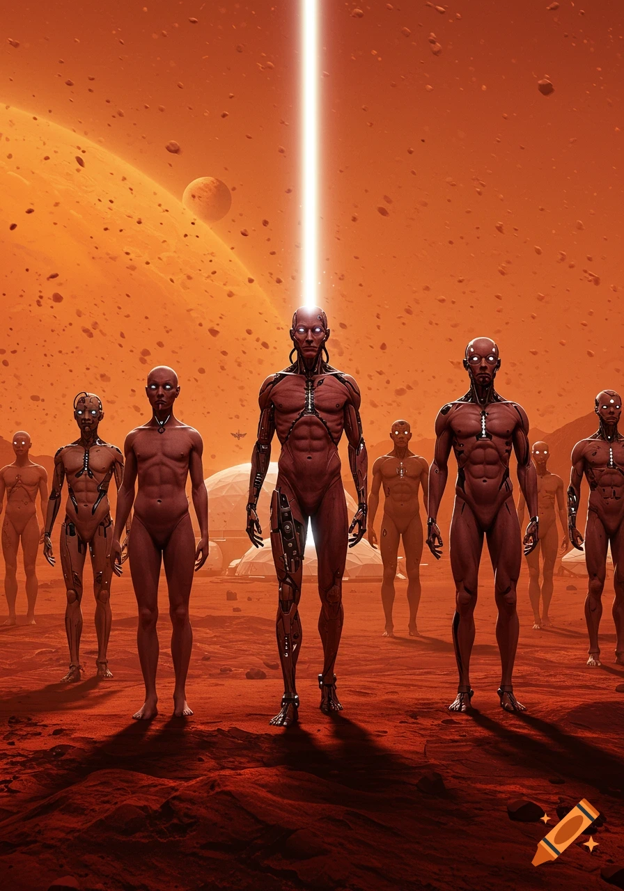 Half-human, half-robot figures on a red Mars surface, with one illuminated by a light beam in a dramatic science fiction style.