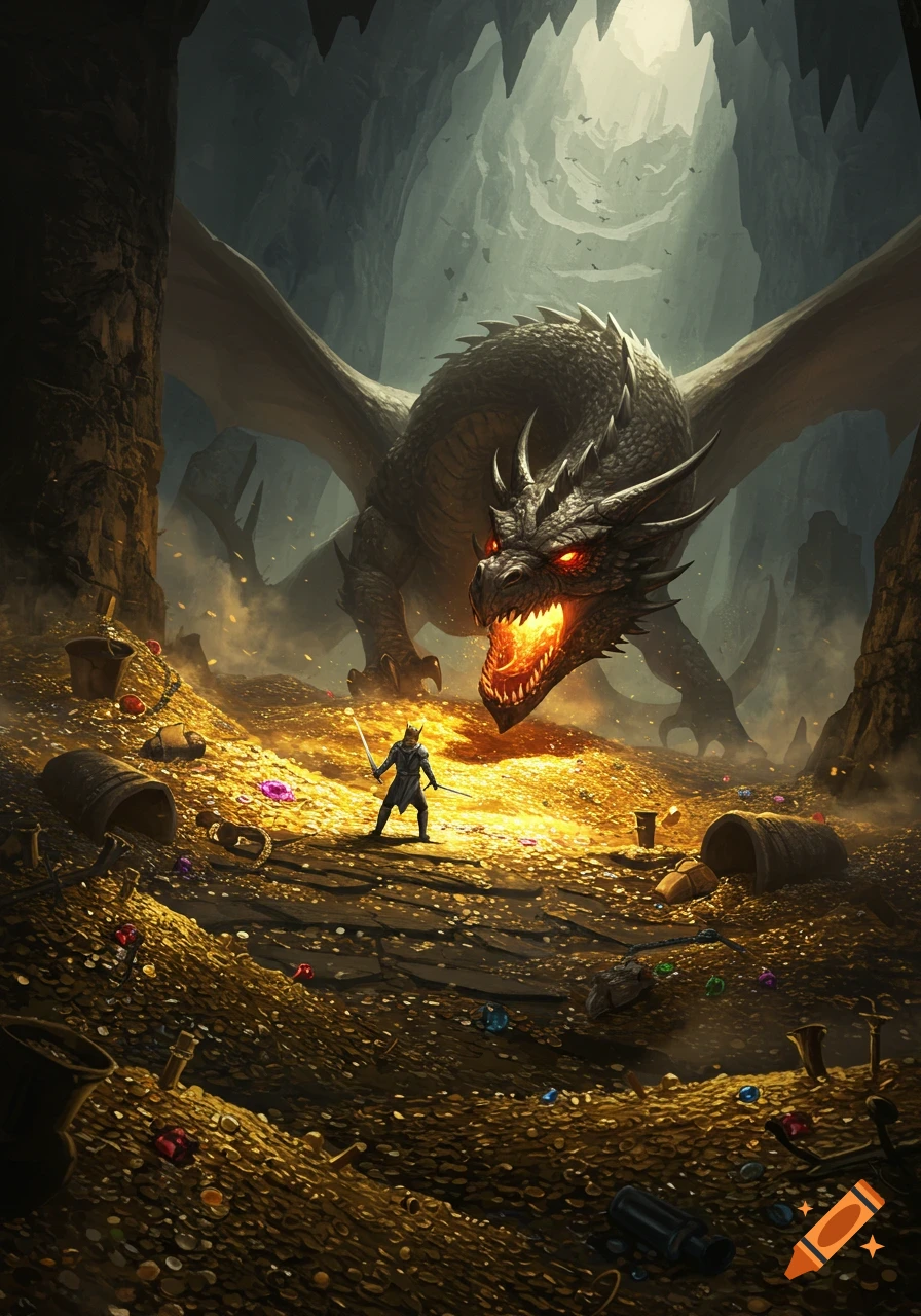 An epic drawing of a knight facing a large dragon in a gloomy cave filled with gold treasure.