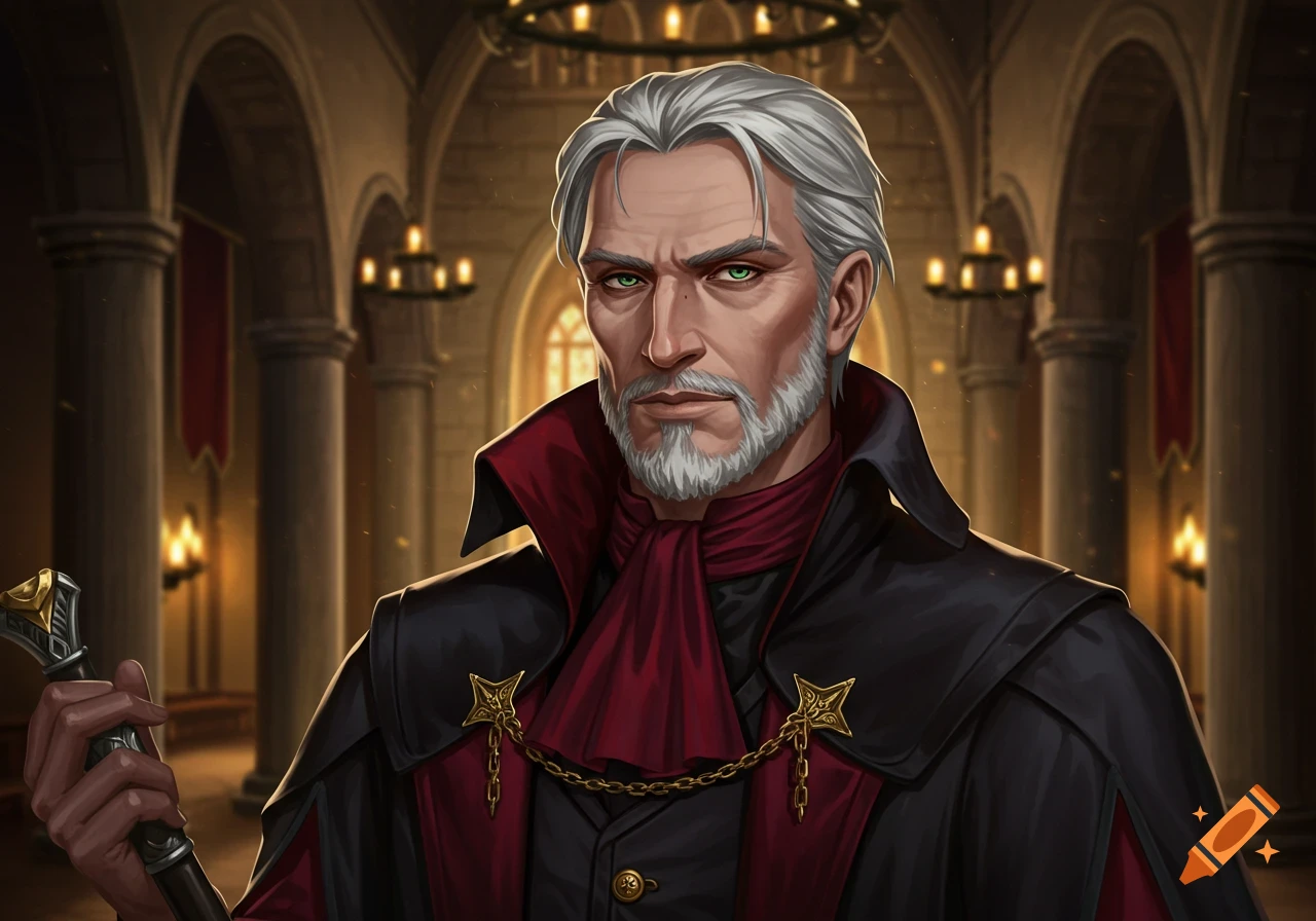 A stern, grey-haired aristocrat with green eyes and a goatee in dark red and black robes with gold trim, holding a cane in a grand hall.
