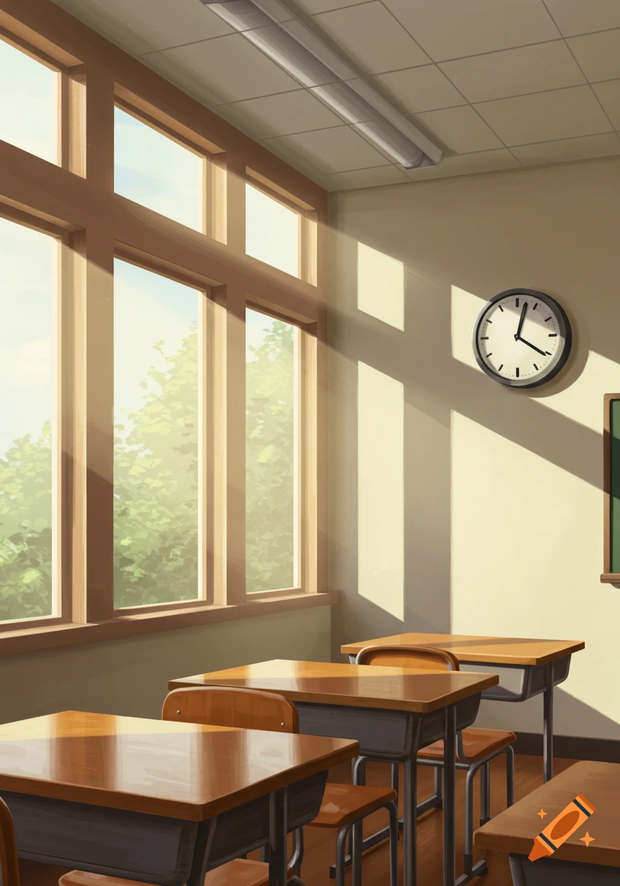 An illustrative classroom interior with sunlight streaming through large windows, several desks, and a clock on the wall.