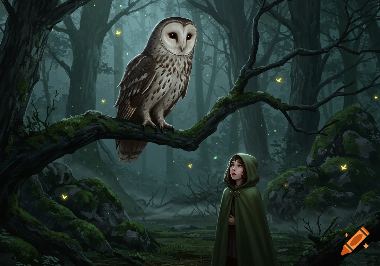 A fantasy digital painting of a girl in a green cloak looking up at a barn owl on a mossy branch in a dark, misty forest with glowing fireflies.