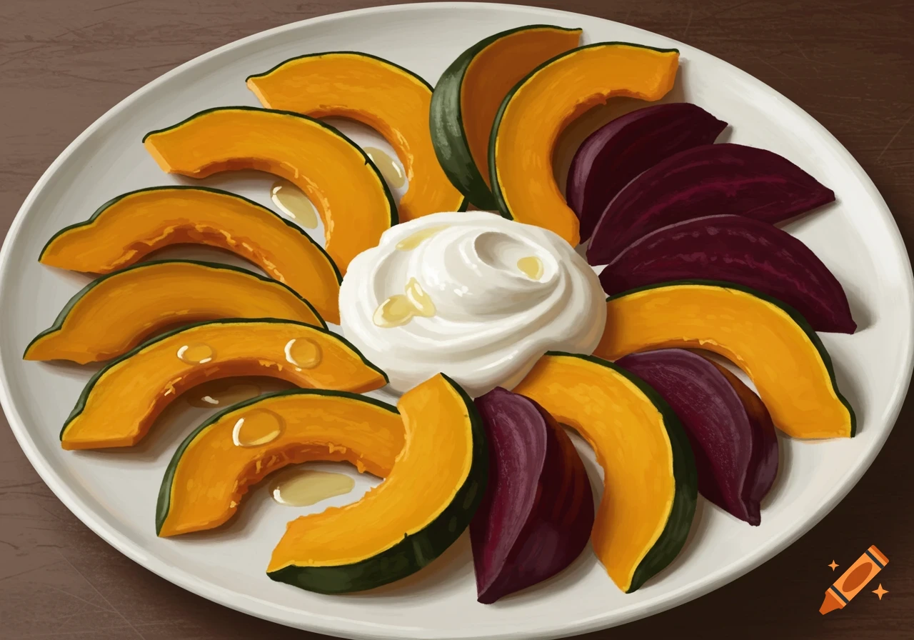 A white plate holds crescent slices of orange squash and dark purple beets arranged around white whipped ricotta, drizzled with oil, in a painterly style.