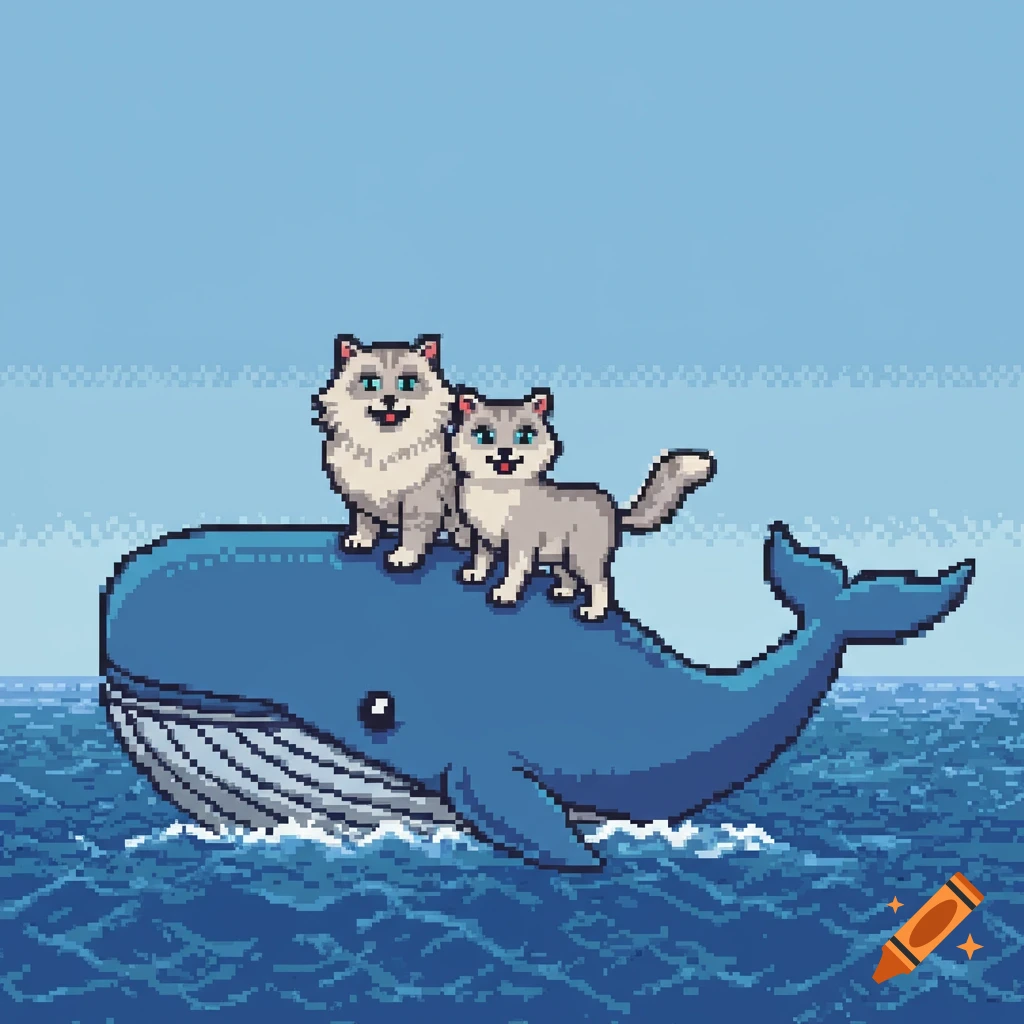 Pixel art of two grey Siberian cats riding a blue whale in the ocean.