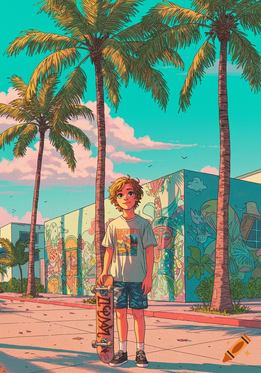 A stylized anime boy with curly hair holds a skateboard on a sunny street with palm trees and a vibrant mural. He wears a t-shirt and shorts.