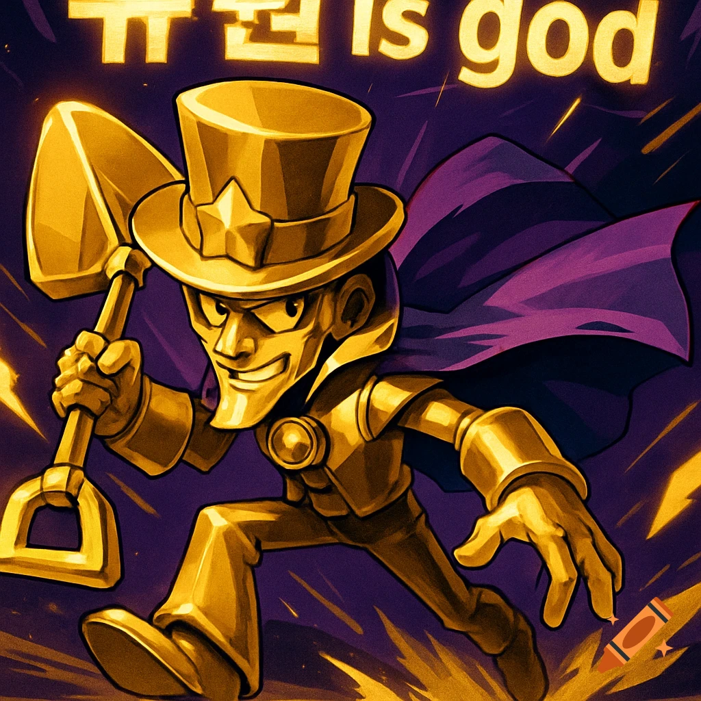 A golden cartoon character in a top hat and purple cape, holding a shovel, with the glowing text '규원 is god' above.