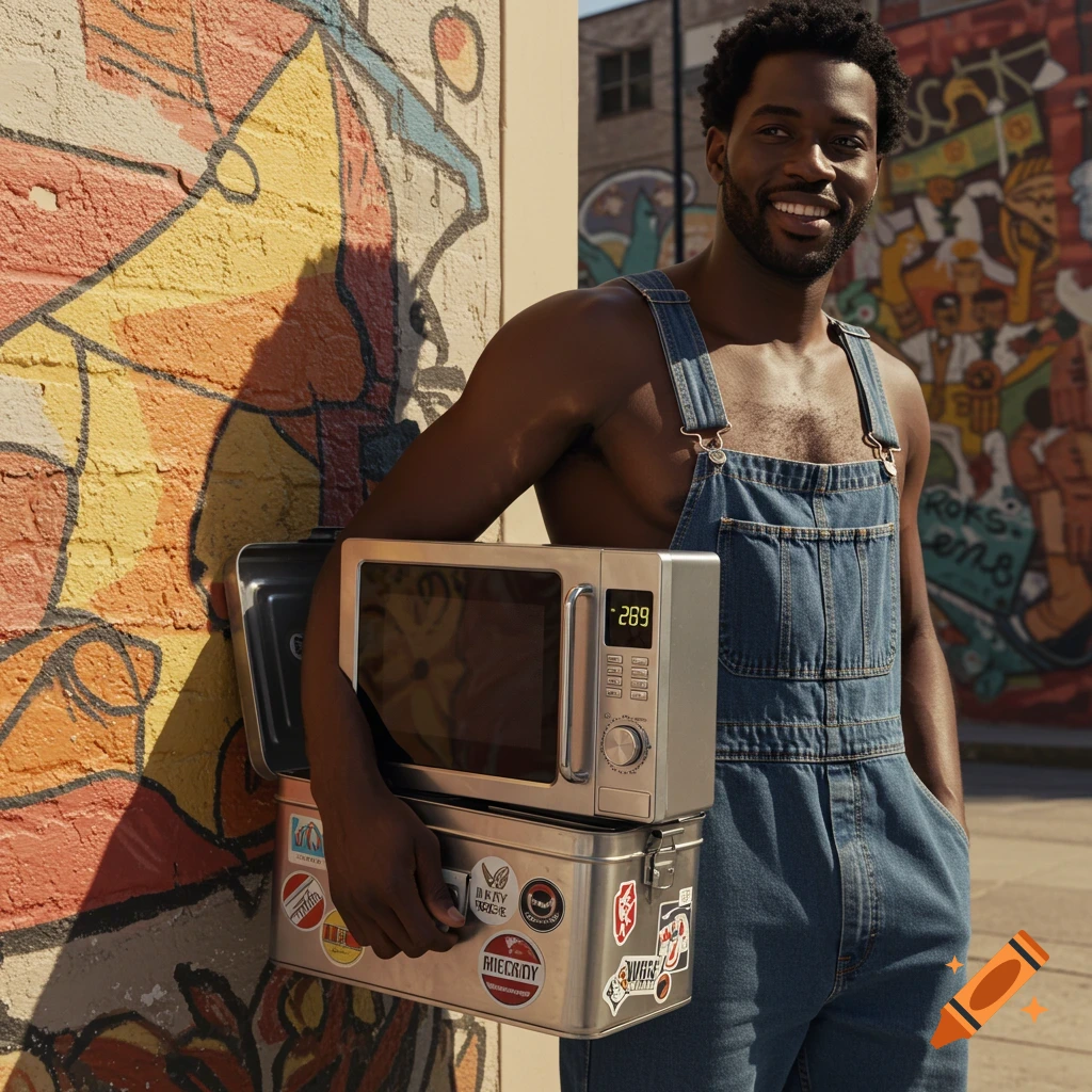 A smiling Black man in denim overalls holds a microwave and a metal lunchbox with stickers, standing against a colorful graffiti wall.