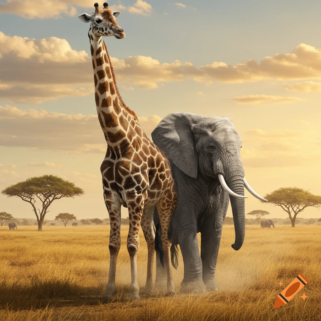 A tall giraffe and a large elephant stand side-by-side in a golden savanna with acacia trees under a cloudy sunset sky.