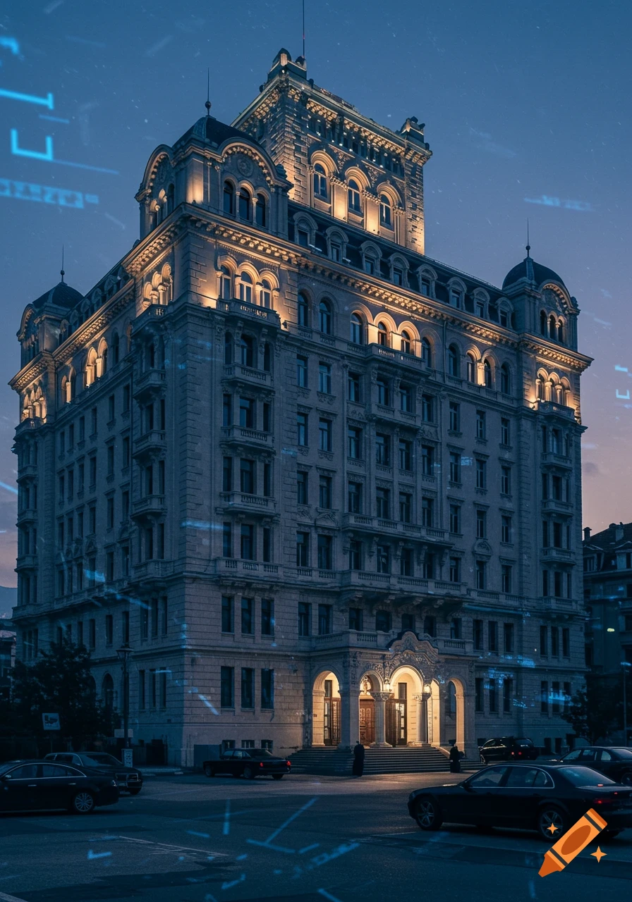 An illuminated, ornate, old-world style building at dusk, with digital patterns floating in the dark blue sky above a street with cars.