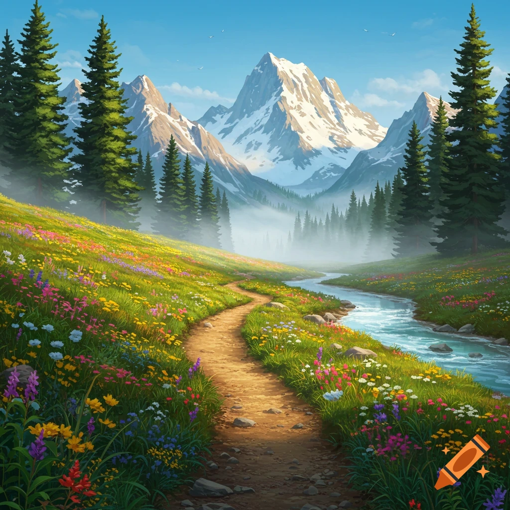 A winding dirt path through a vibrant meadow of wildflowers and pine trees, leading to snow-capped mountains and a clear river under a blue sky.