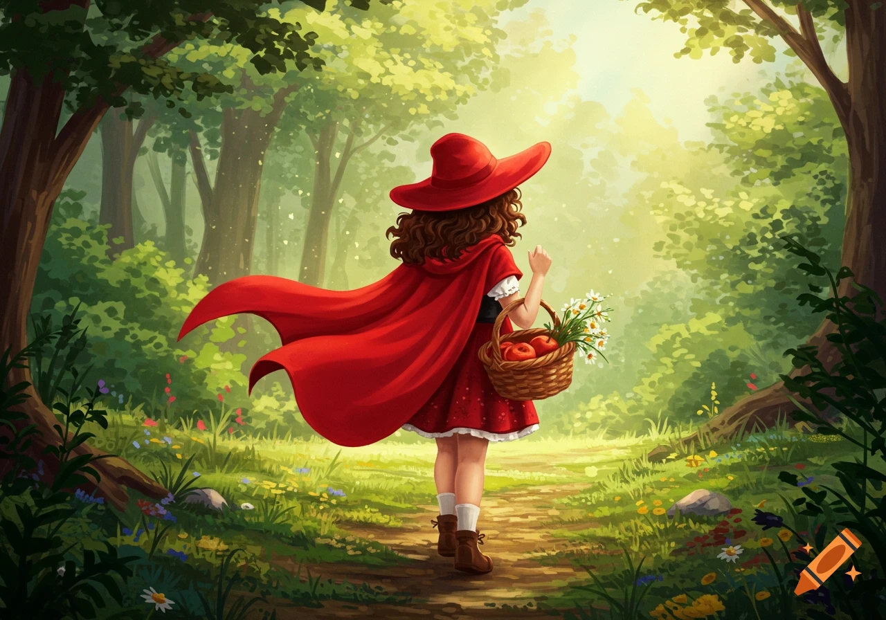 An illustration of Little Red Riding Hood walking through a sunlit forest, carrying a basket of apples and flowers.