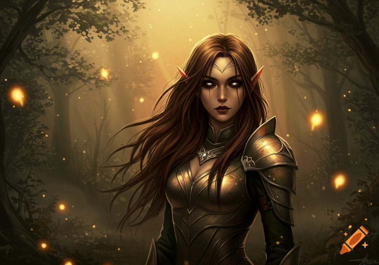 A serious elf woman with long brown hair and white eyes wears golden armor in a mystical forest with glowing lights.
