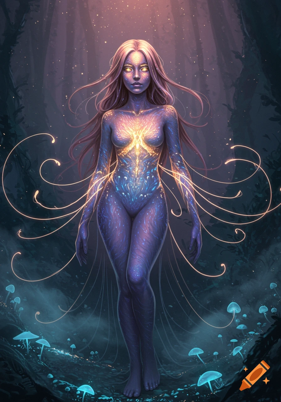 A glowing, purple-skinned woman with yellow eyes and flowing hair stands in a dark, bioluminescent forest with glowing mushrooms.
