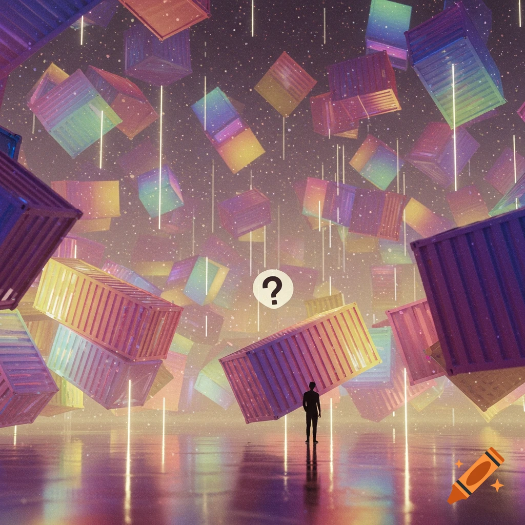 A lone figure stands on a reflective surface, looking up at numerous colorful, glowing shipping containers floating in a starry, surreal sky with a large question mark.