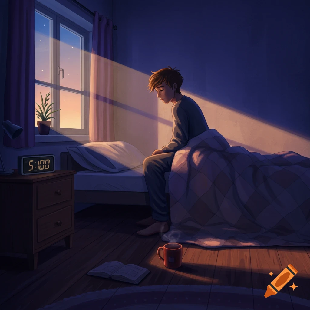 An illustration of a young person sitting on a bed in a sunlit bedroom at 5 AM, with an alarm clock on the nightstand.
