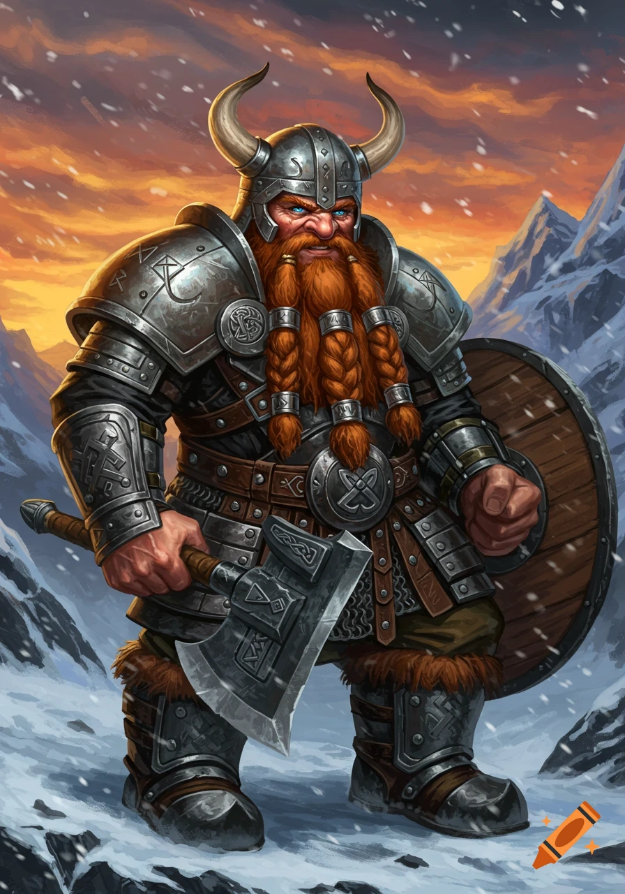 A dwarf warrior in horned helmet and armor, with a braided red beard, holding an axe and shield in snowy mountains at sunset. Digital painting.