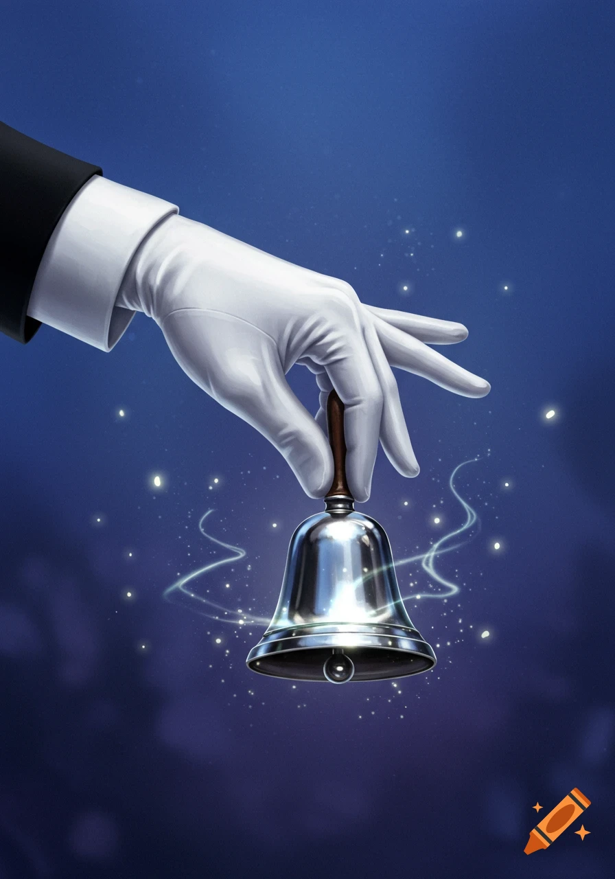 A hand in a white glove holds a silver bell, surrounded by glowing wisps and light particles against a dark blue background.