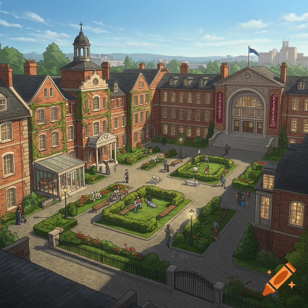 An illustrated red-brick school or boarding house campus with a sunny central courtyard, gardens, and people walking.
