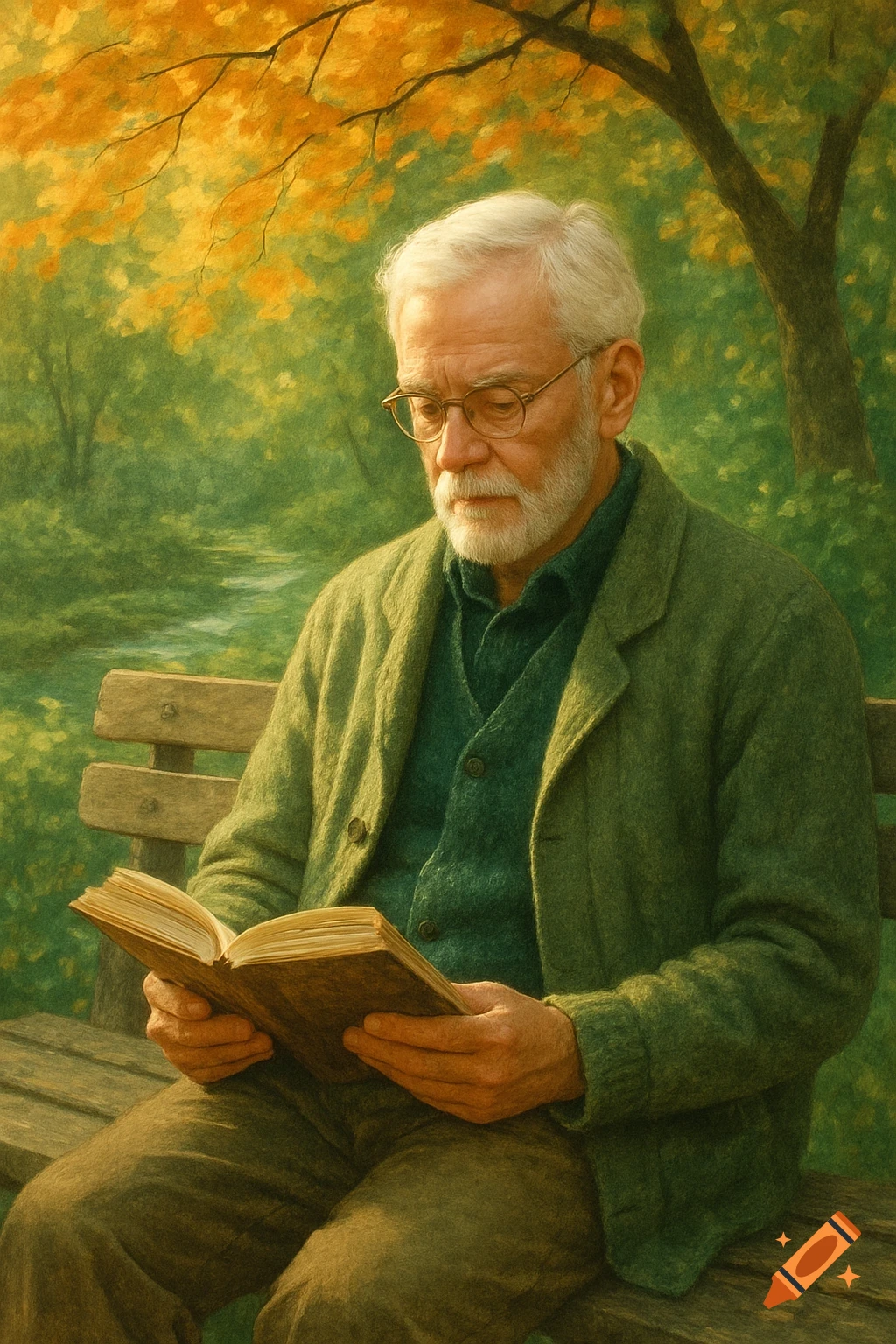 A white-haired, bearded man in a green cardigan reads a book on a park bench under autumn trees in a painterly style.