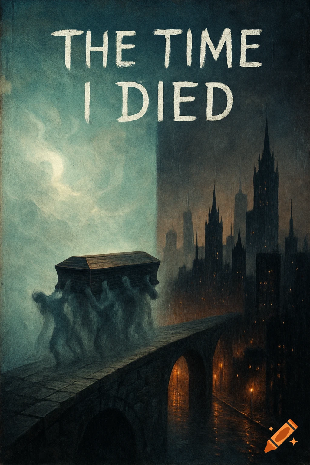 A book cover for 'THE TIME I DIED' showing ghostly figures carrying a coffin on a bridge, split between an ethereal sky and a dark, gothic city.
