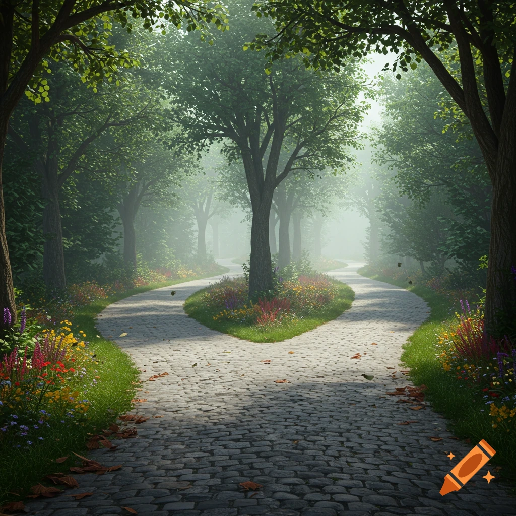 Cobblestone path forks into two through a misty, verdant forest with lush green trees and colorful wildflowers, photorealistic.