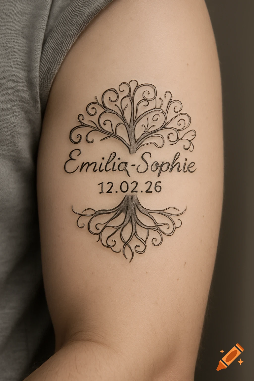 A black ink tree of life tattoo with "Emilia-Sophie 12.02.26" on an arm.