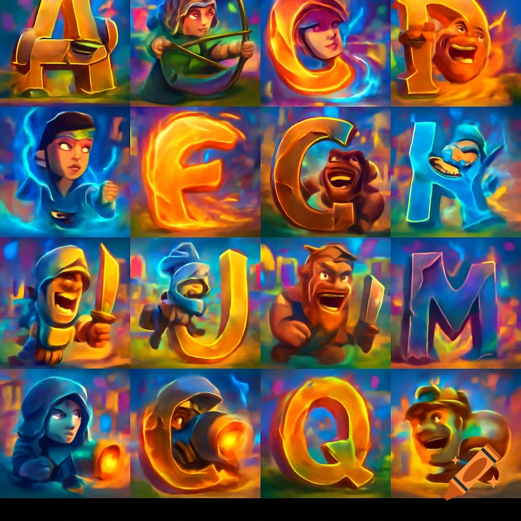 A grid of stylized fantasy characters interacting with or forming letters of the alphabet, from A to Q, in a vibrant, glowing art style.