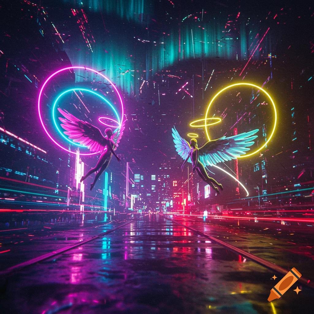 Two stylized winged figures with halos fly through a neon cyberpunk cityscape with vibrant pink, blue, and yellow lights.