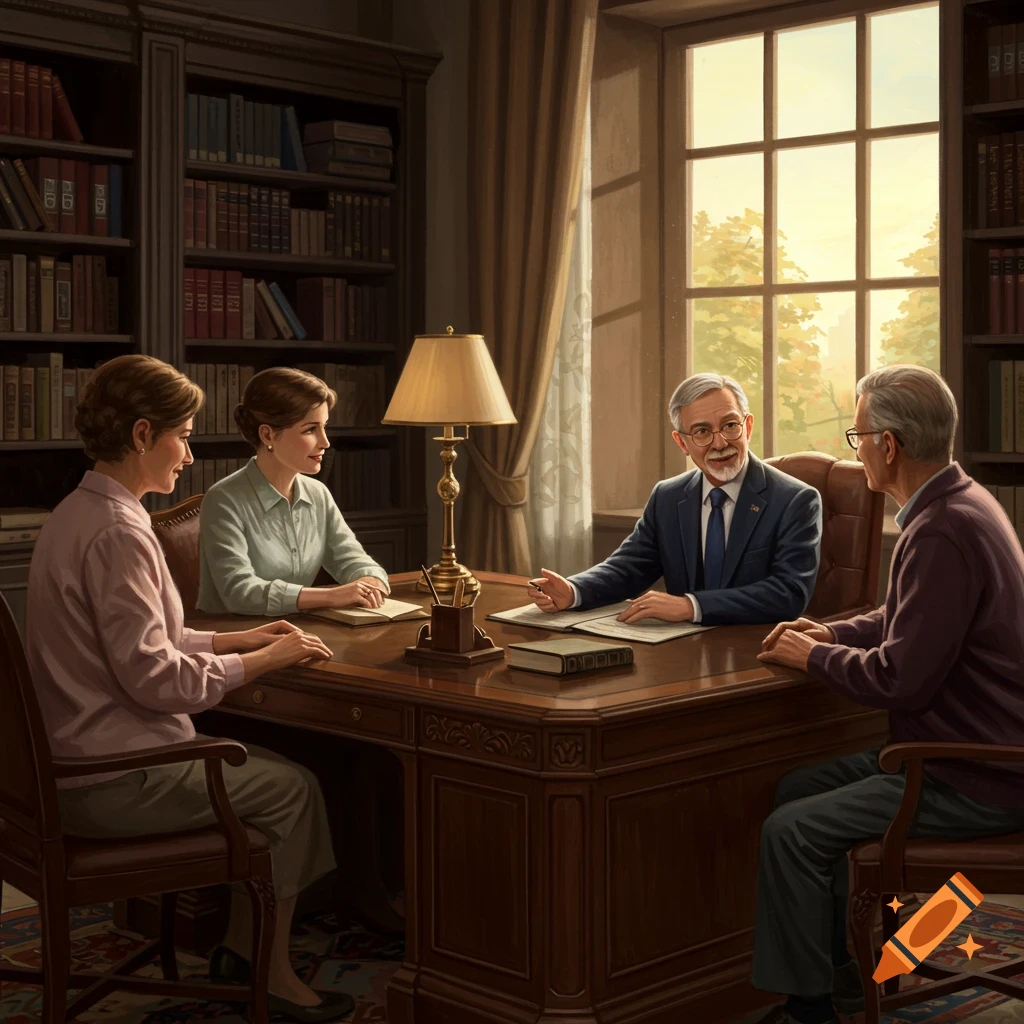 A man in a suit speaks across a desk to an older man, while two women listen in a wood-paneled office with bookshelves and a window.