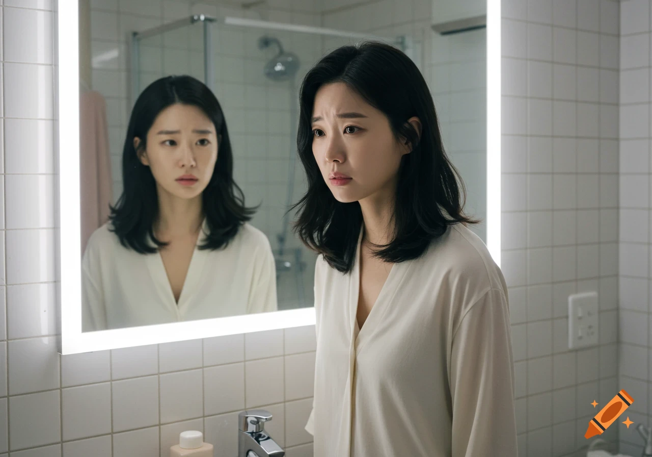 A worried Korean woman in a white robe looks at her reflection in a brightly lit bathroom mirror.