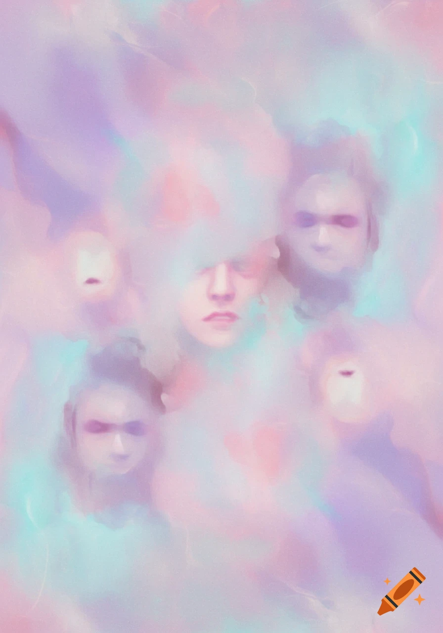 Blurred, ethereal faces emerge from a pastel pink, purple, and blue watercolor background.