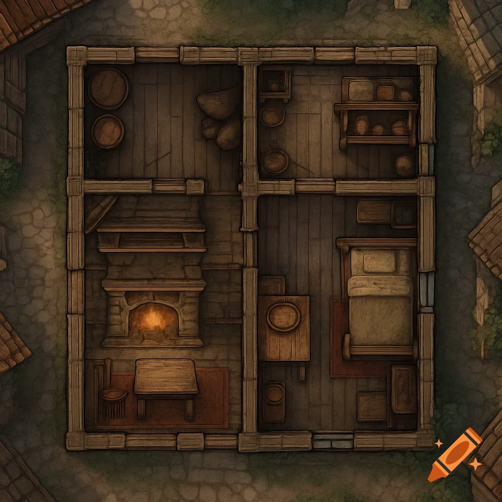 Overhead view of a detailed medieval house floor plan with four rooms, a fireplace, and basic furniture.