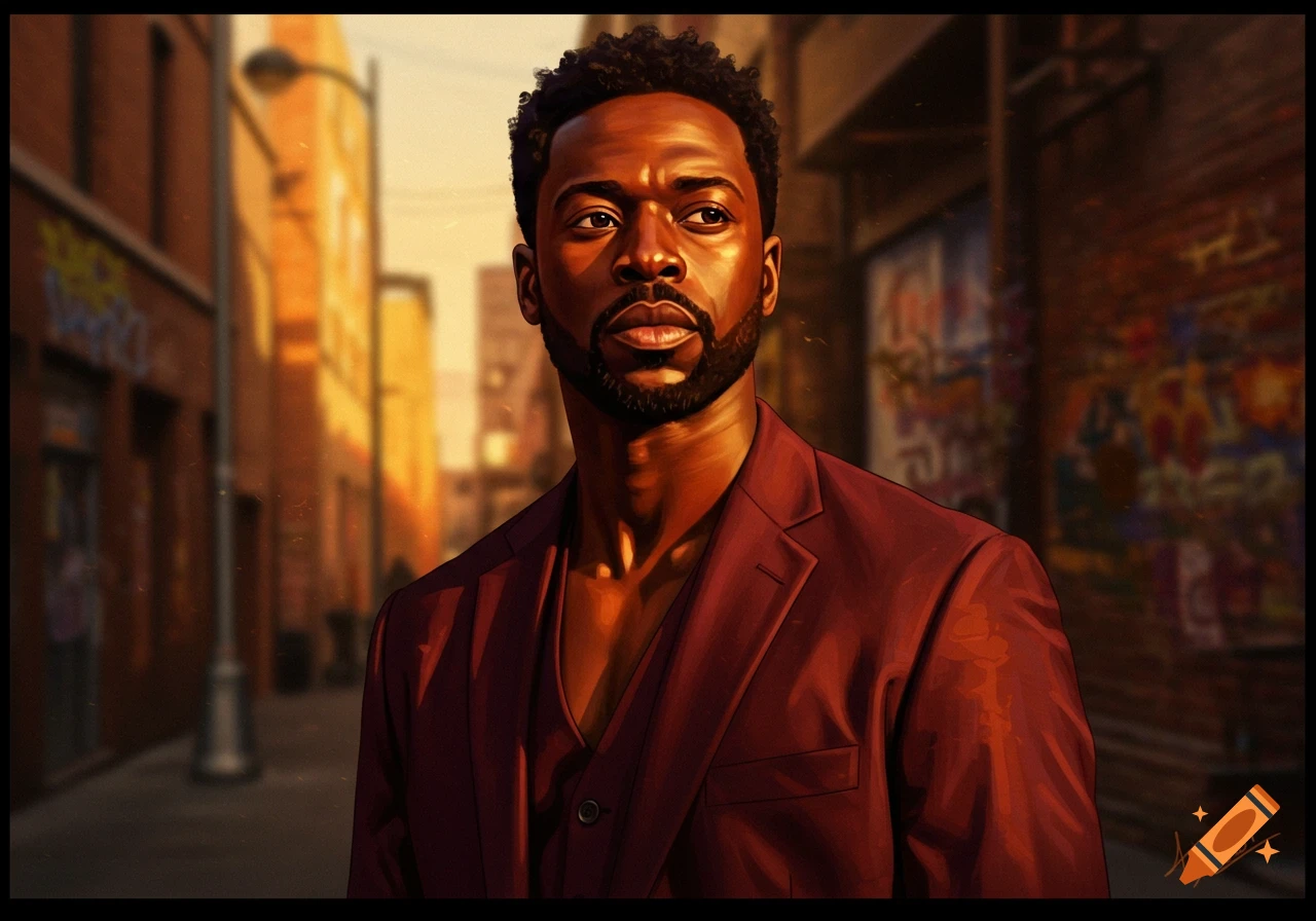 Digital art of a Black man in a maroon suit, looking pensive, standing in a golden-hour city alley.