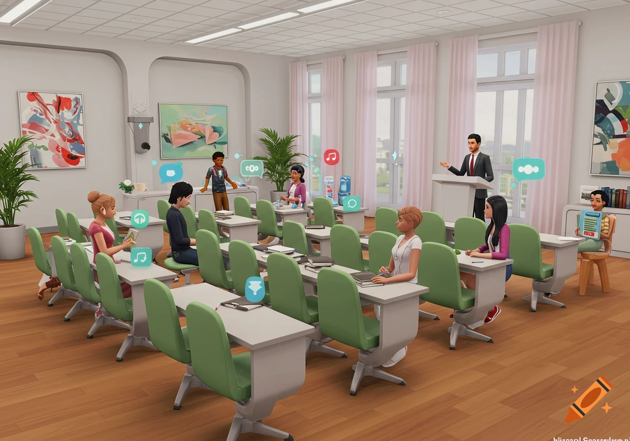 A Sims-style 3D render of a modern lecture hall with a diverse group of students and a male professor.