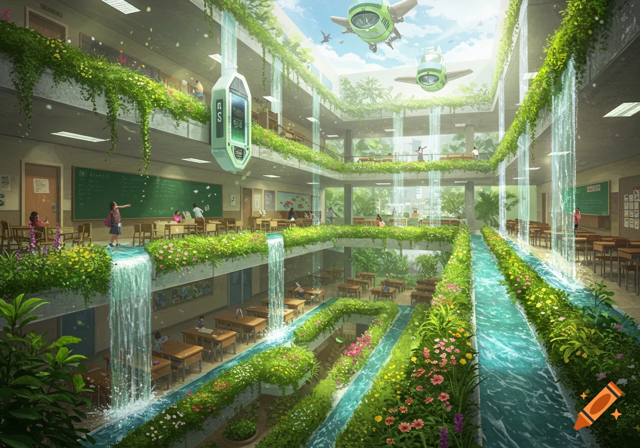 A multi-story futuristic school atrium filled with lush green plants, colorful flowers, waterfalls, and canals, with flying lifts and classrooms.