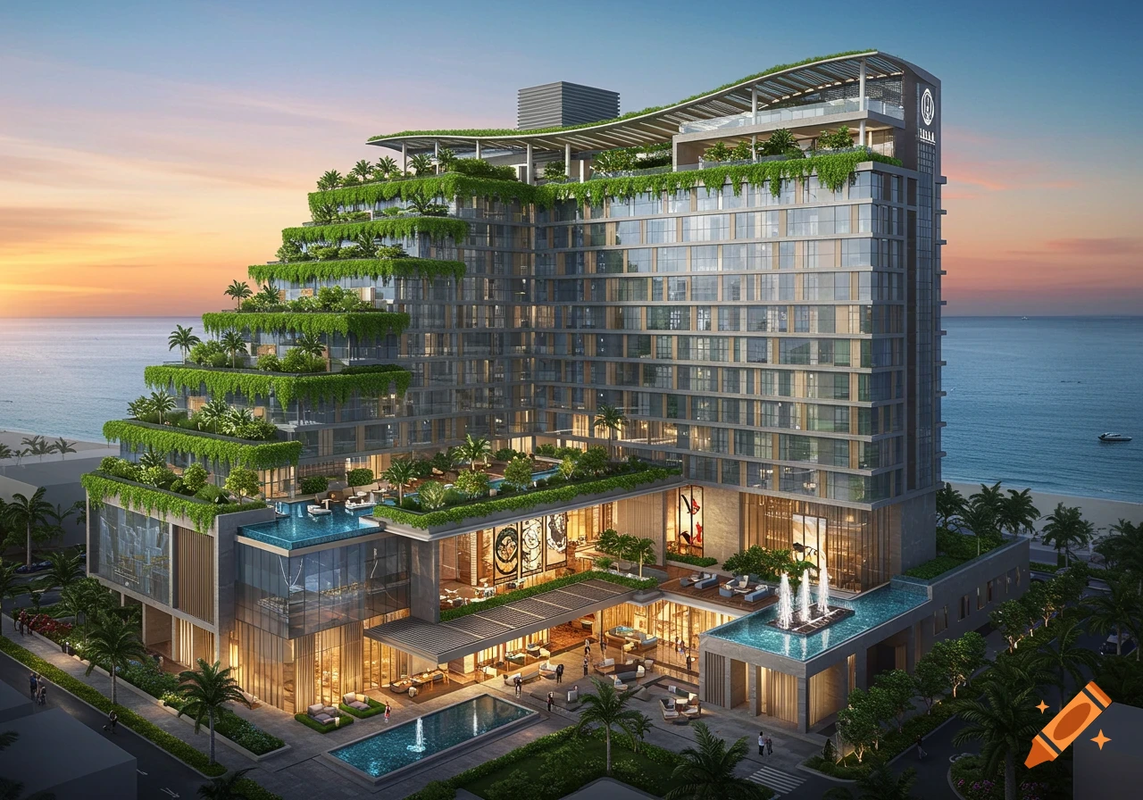 A luxurious green terraced hotel with multiple pools overlooking the ocean at sunset.