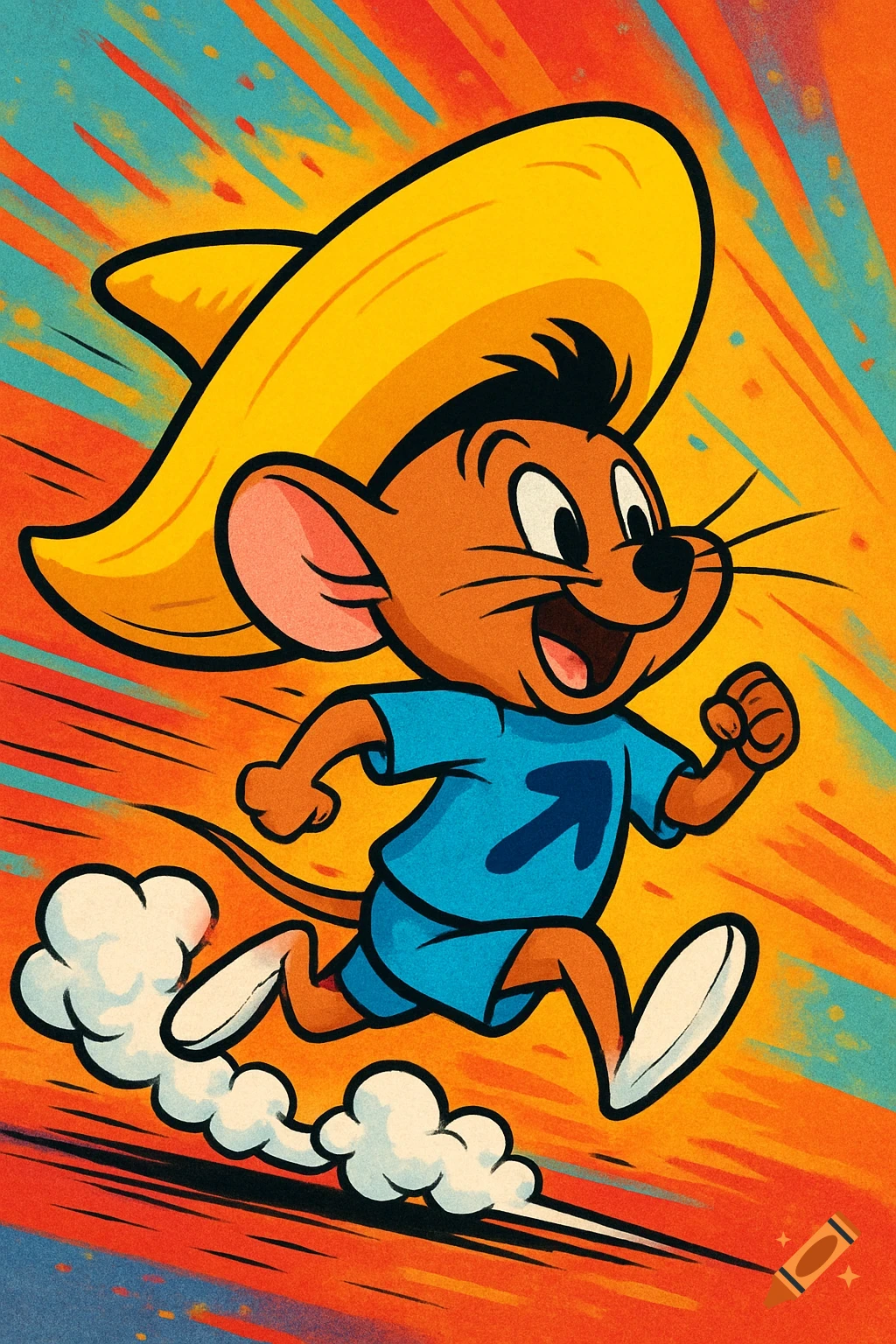 A fast cartoon mouse wearing a blue shirt and large yellow sombrero runs with dust clouds in a vibrant, comic book style.