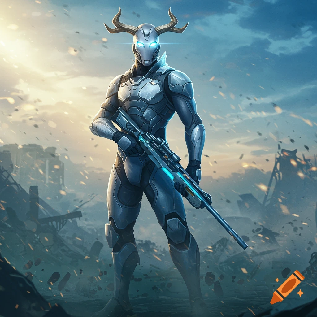 A futuristic armored soldier with antlers, glowing blue eyes, and a sniper rifle stands in a destroyed cityscape at dawn.