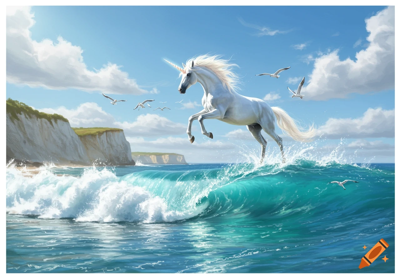 A majestic white unicorn leaps from a turquoise ocean wave, with seagulls flying over cliffs under a blue sky, digital painting.