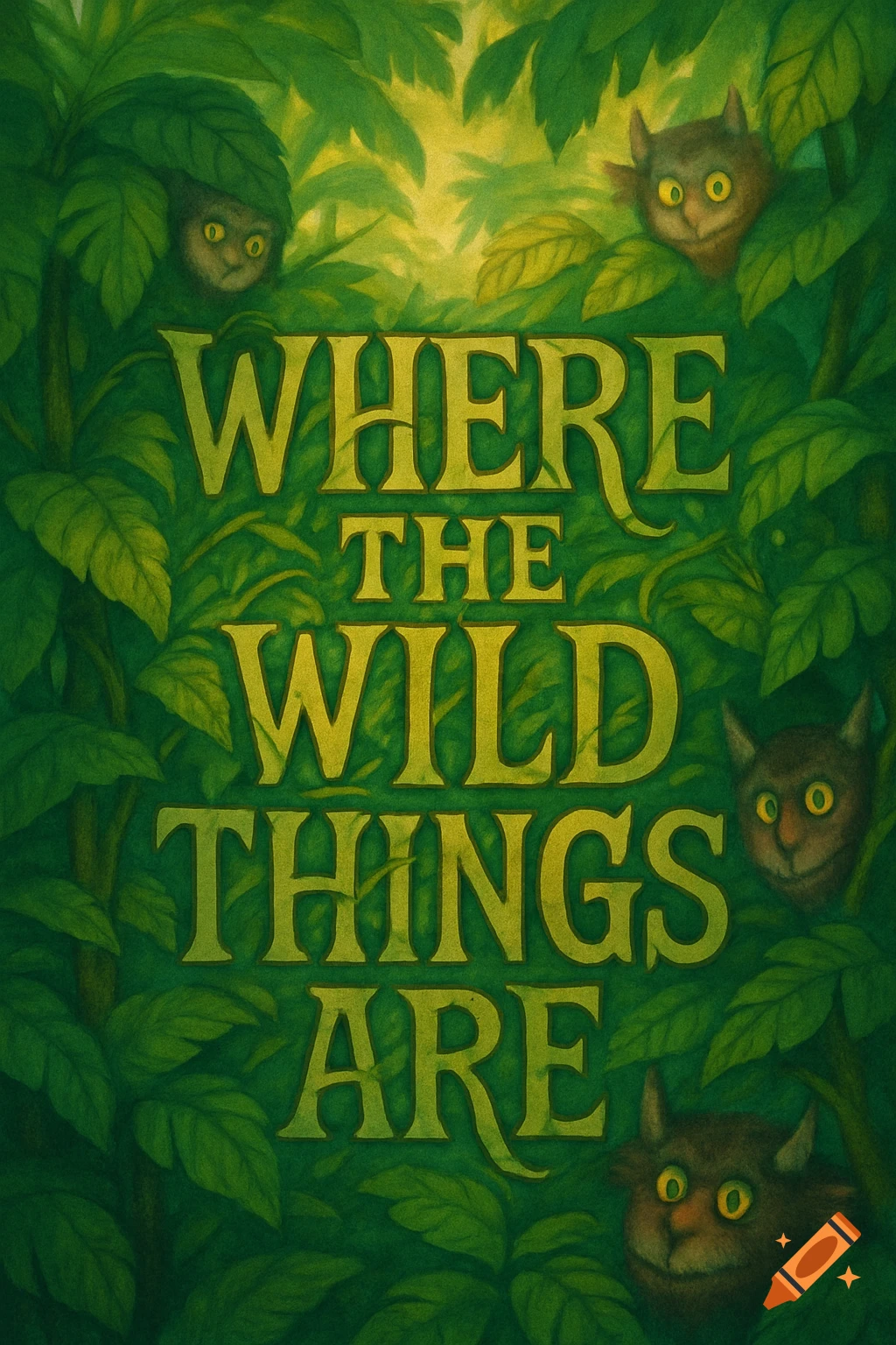 A verdant jungle scene with the gold text 'WHERE THE WILD THINGS ARE' amidst green leaves, featuring four furry, yellow-eyed monsters peeking out.